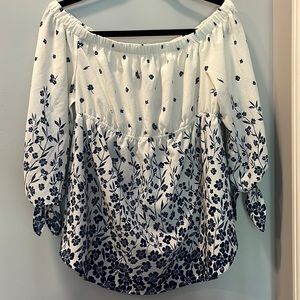 Like new, Medium, off-shoulder blue/white floral blouse with tie long sleeves